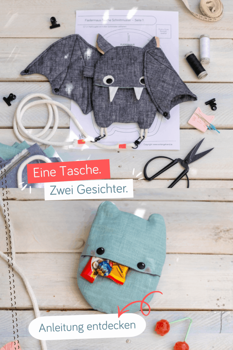 Collage zeigt beide Seiten der Ffledermaus-Tasche: einmal Monster, einmal Vampir