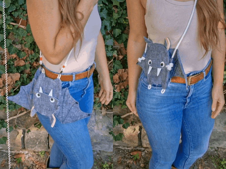 Fledermaus-Tasche in zwei verschiedenen Versionen als Umhängetasche. Einmal kopfüber getragen, einmal mit dem Kopf nach oben.